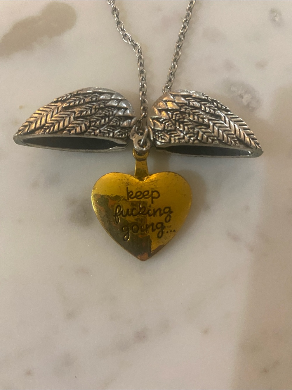 “Keep f—-ing going”-  Silver toned secret message necklace